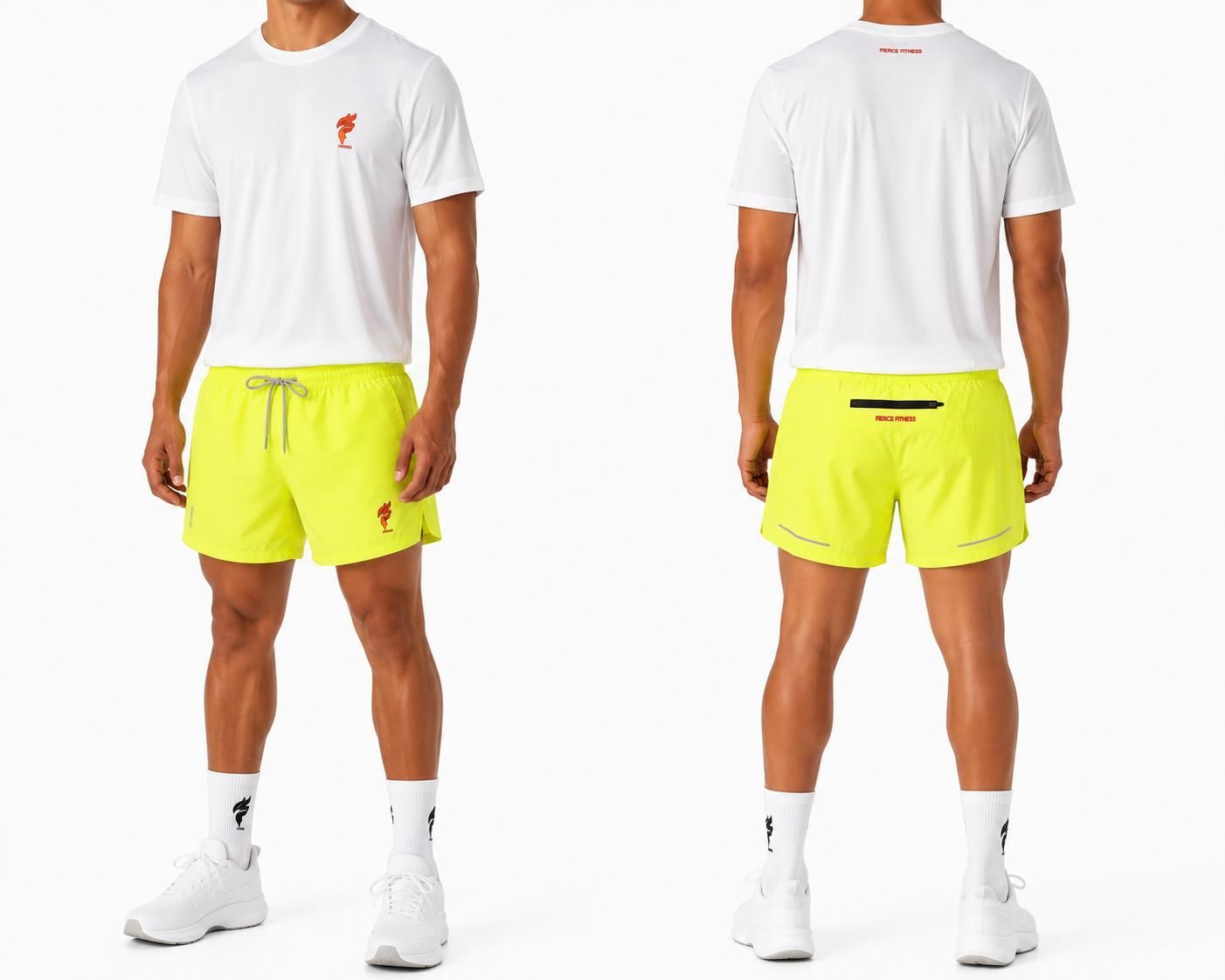 Front and back view of a man modeling a white T-shirt and neon yellow shorts on a white background