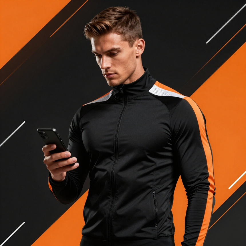 Man in black athletic jacket checking a phone against an orange and black geometric background