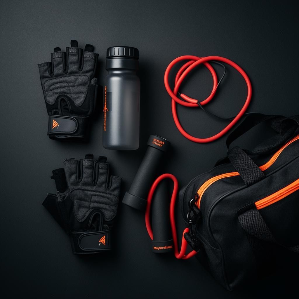 Black workout gear set: gloves, water bottle, jump rope, resistance band, and zippered gym bag on dark background