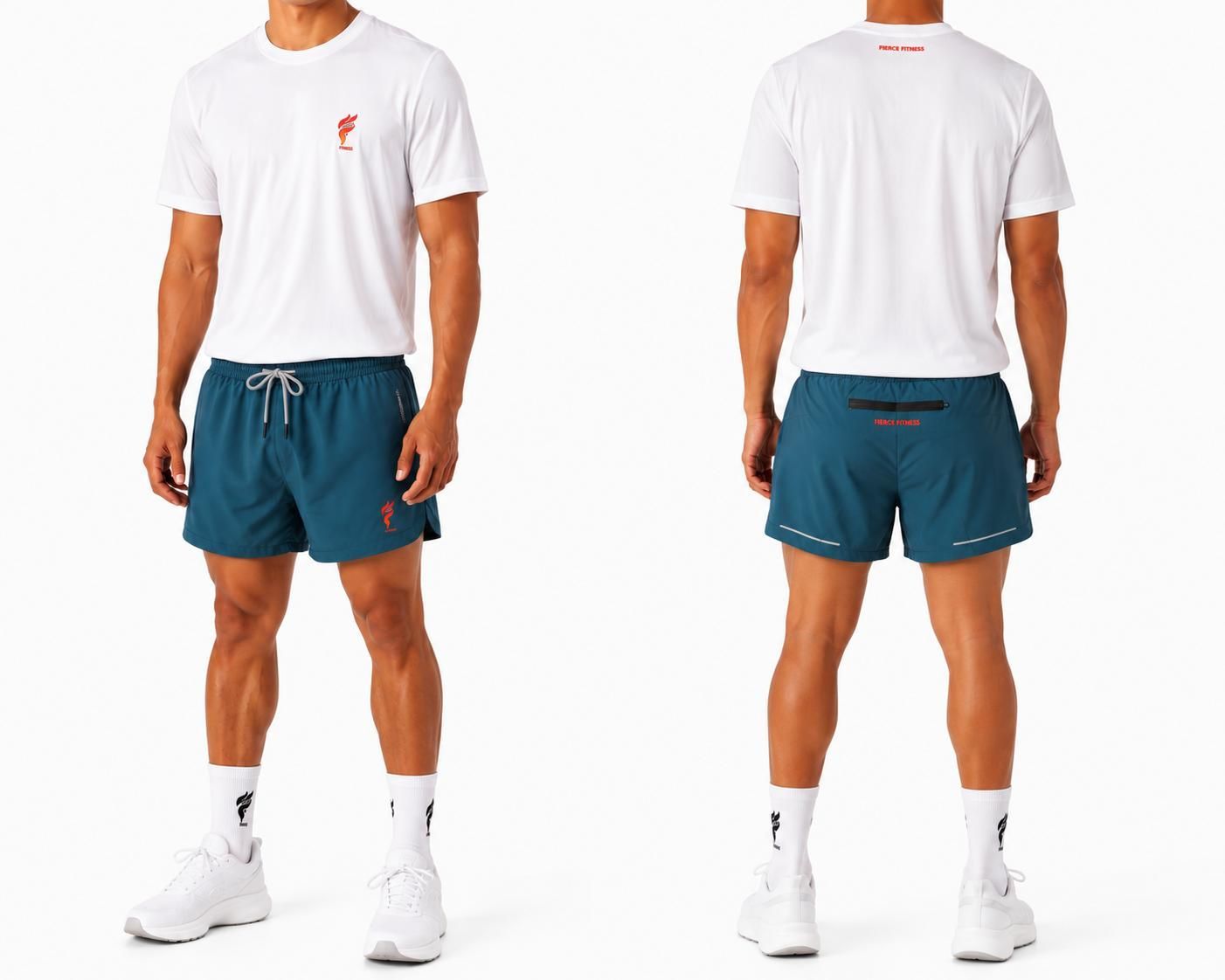 Front and back views of a man in a white T-shirt, teal shorts, and white sneakers on a white background