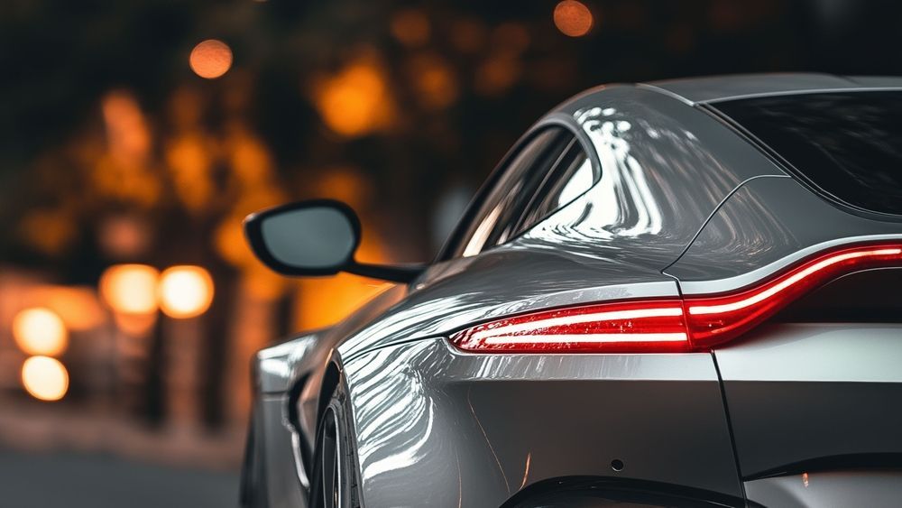 Rear view of a silver sports car with glowing red taillights at night, bokeh city lights in the background