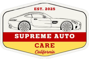 Supreme Auto Care logo with white sports car, red and yellow badge, and &ldquo;Est. 2025 California&rdquo; text