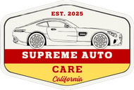Supreme Auto Care logo with white sports car, red and yellow badge, and “Est. 2025 California” text