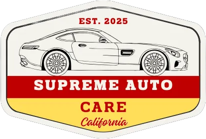 Supreme Auto Care logo with white sports car, red and yellow badge, and “Est. 2025 California” text