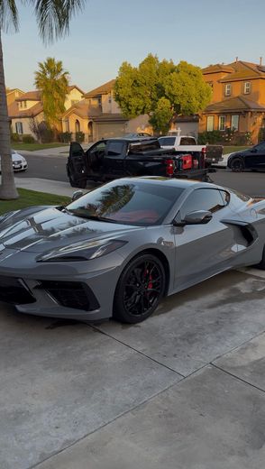 Gray sports car parked in a suburban driveway at sunset, with houses and trees in the background
