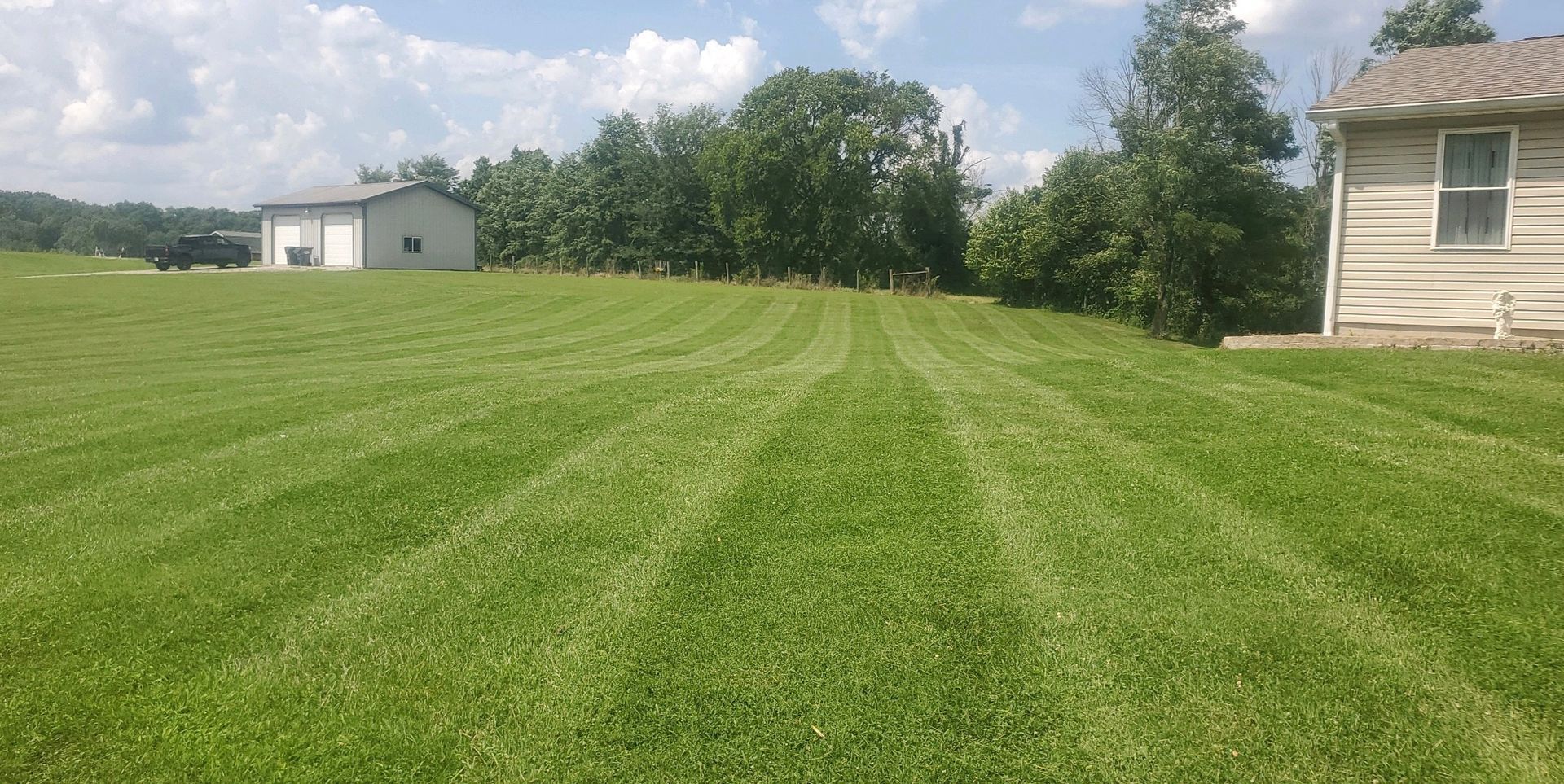 A lush green field with a house in the background.