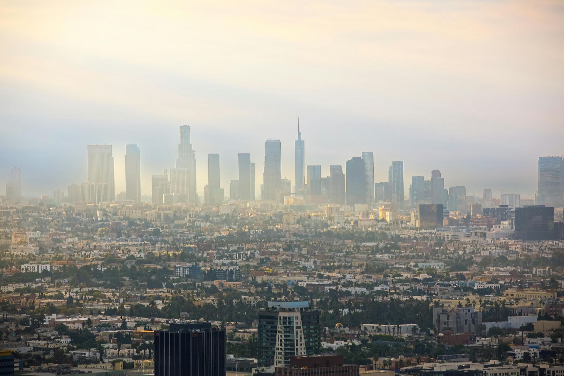 Skyline of Los Angeles, California, with skyscrapers emerging through haze and smog.