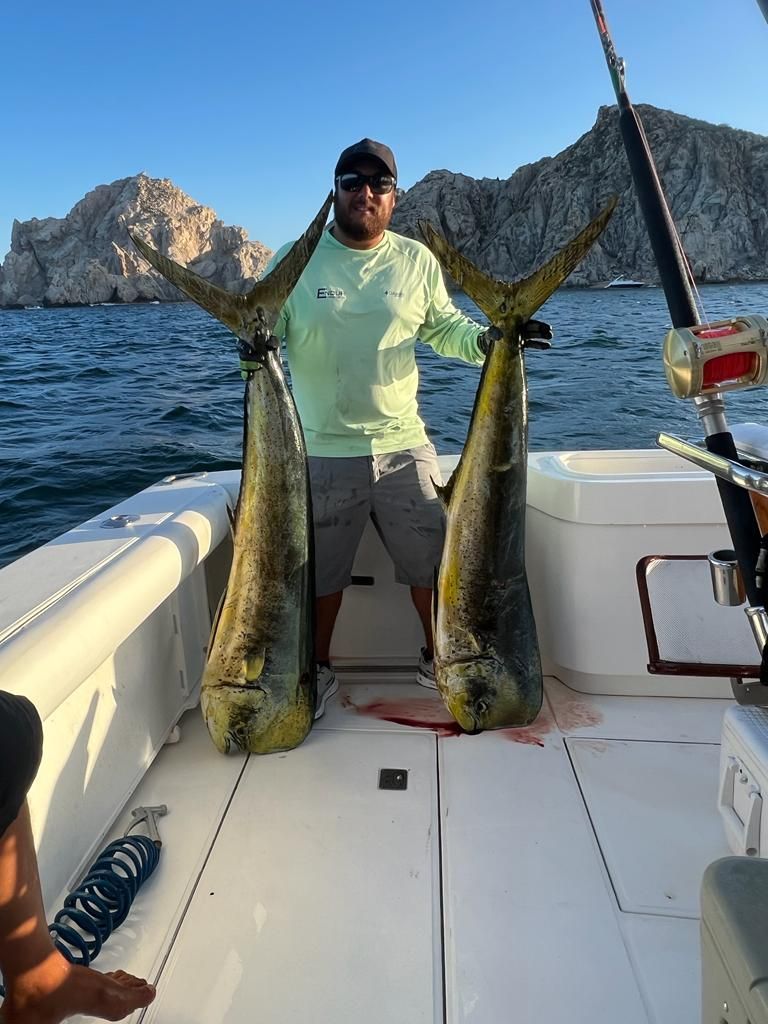 a man is holding two large fish on a boat .