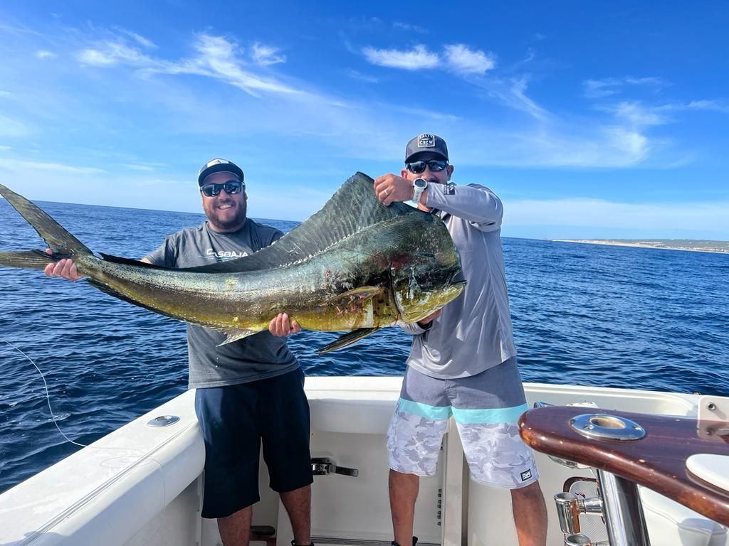 two men are sitting on a boat holding a large fish .