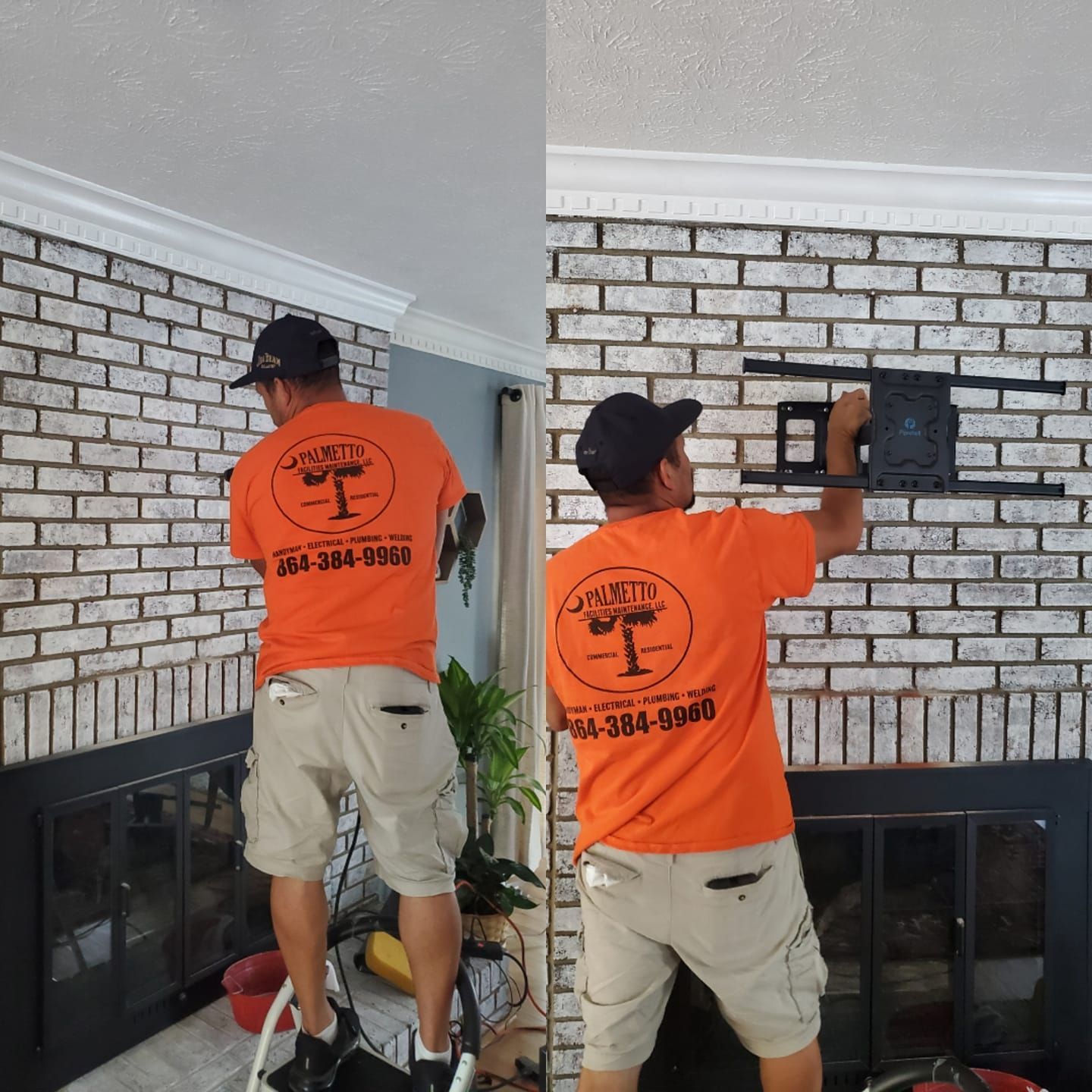 A man wearing an orange shirt with a tree on it