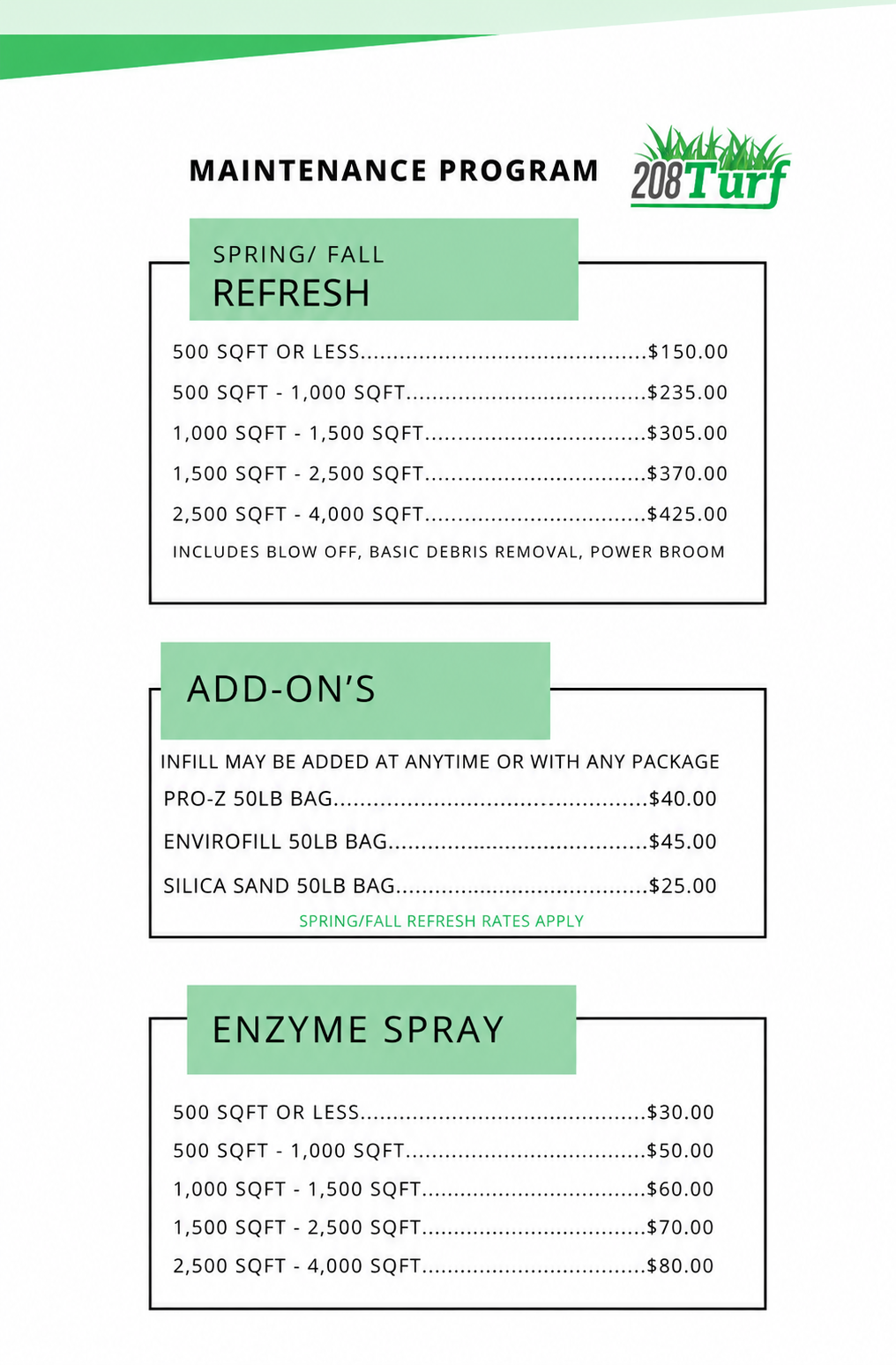 Maintenance program with prices for lawn care services including refresh, add-ons, and enzyme spray.