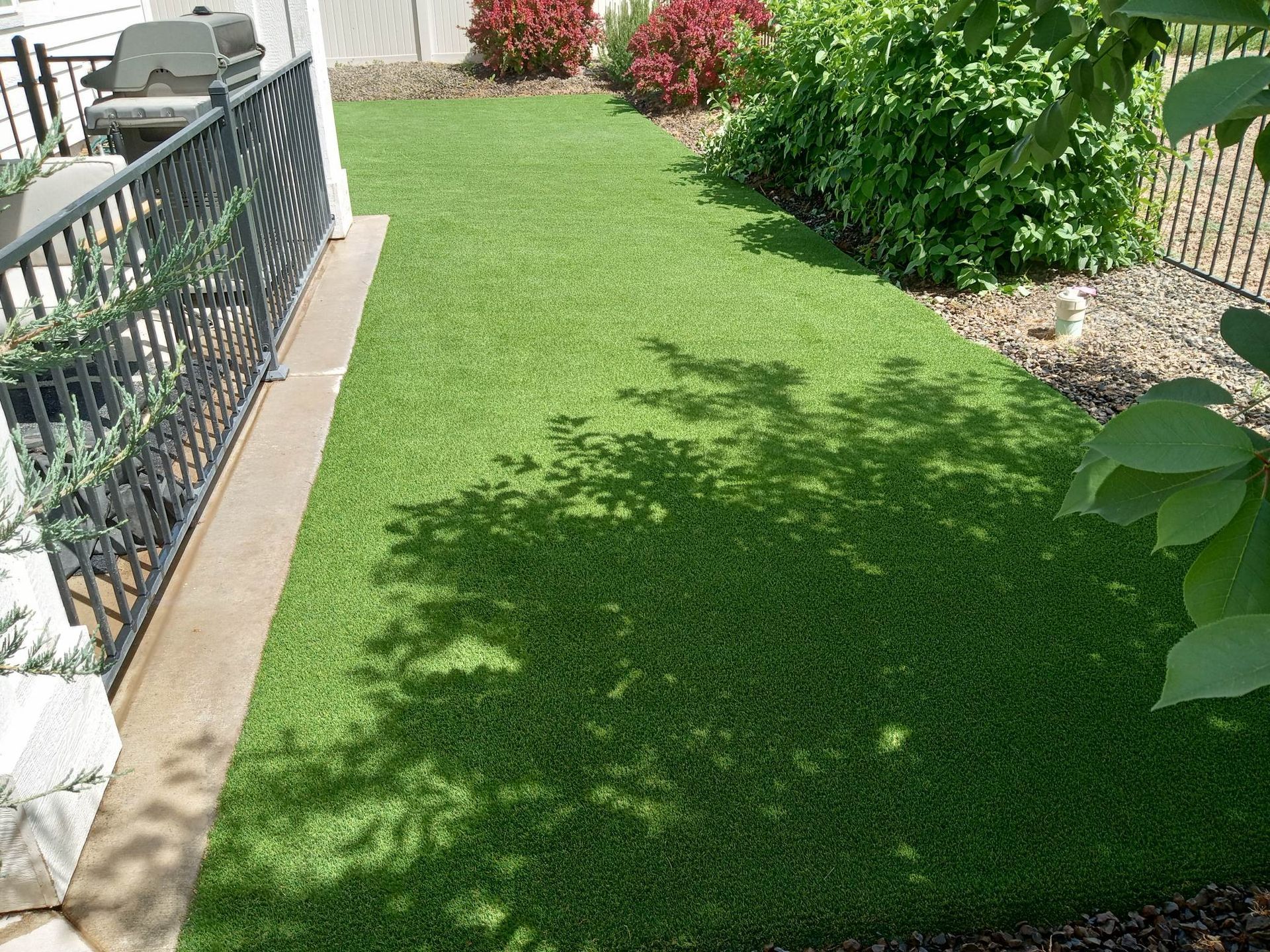 A narrow yard with artificial green turf. Black railing on one side, bushes and fence on the other. Sunny with shadows.