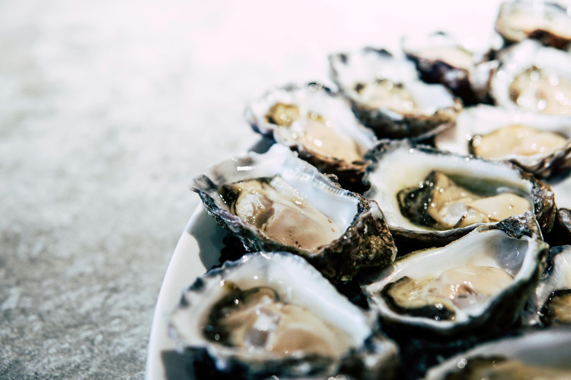 Raw oysters on a white plate, set on a textured surface.