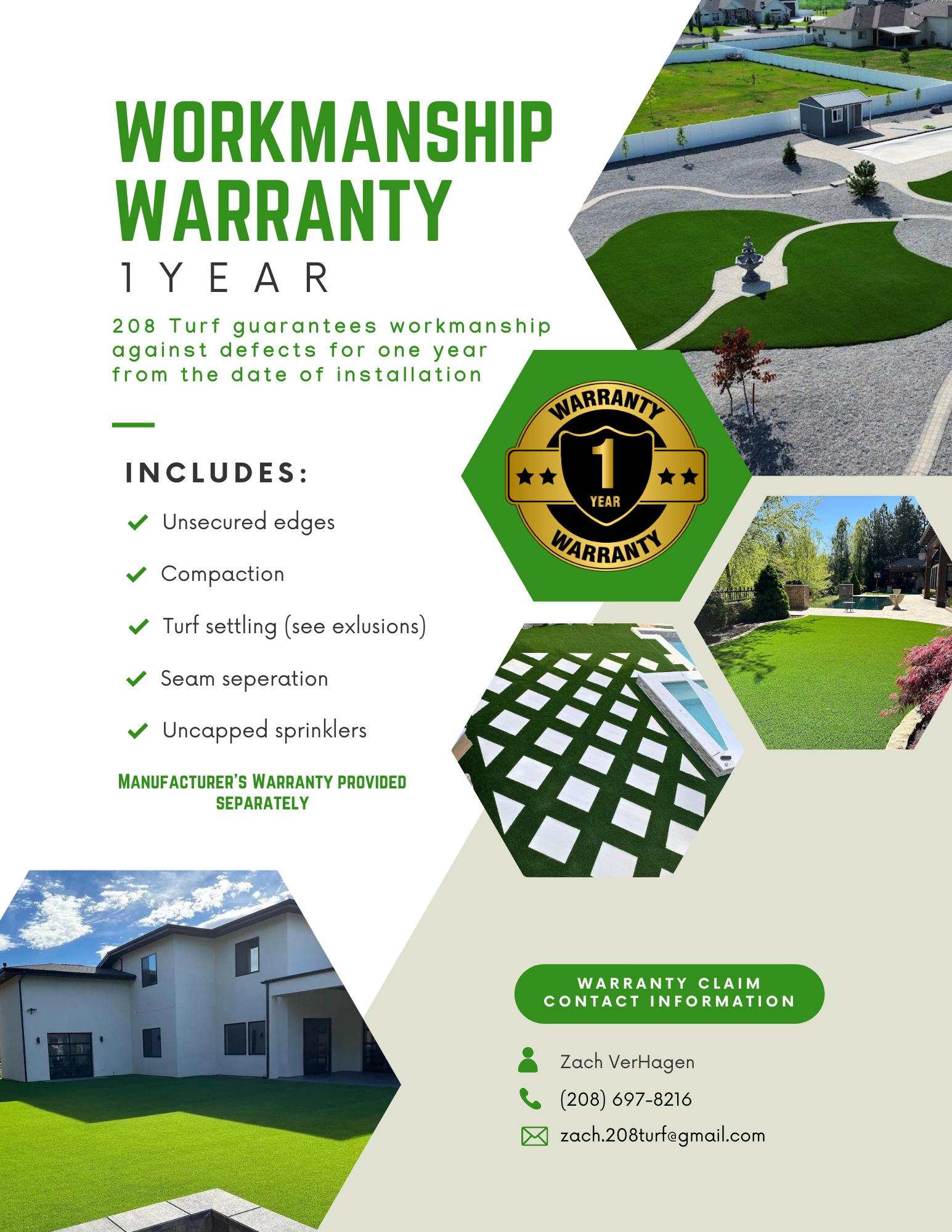 Turf warranty exclusions: lawn sprinkler, dog, and service rates listed on flyer.