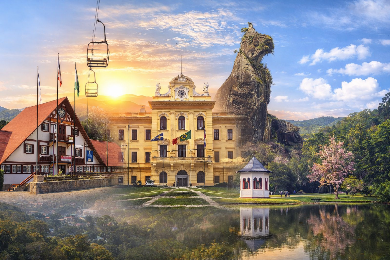 Edifício histórico semelhante a um castelo à beira de um lago ao pôr do sol, com teleférico, chalé e uma estátua gigante de urso.