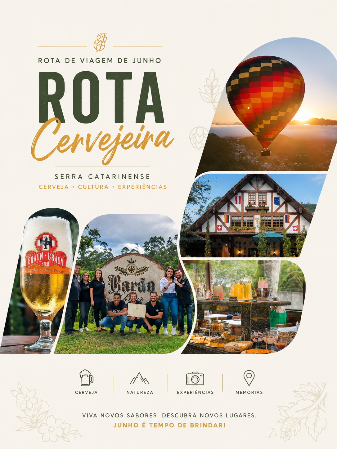 Cartaz turístico de Rota Cervaleja com balão de ar quente, copos de cerveja, vinhedos e chalés.