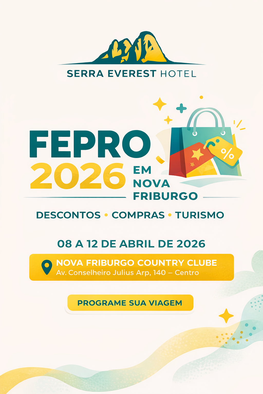 Promoção Ferp 2026 para o Hotel Serra Everest: descontos, compras, turismo, de 8 a 12 de abril no Novo Friburgo Country Club.