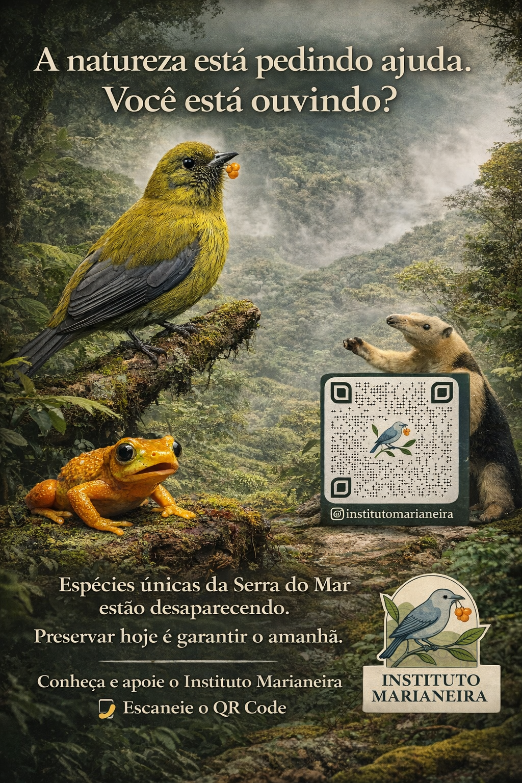 Cartaz com pássaros e um código QR pedindo para ajudar a natureza e salvar a floresta amazônica.