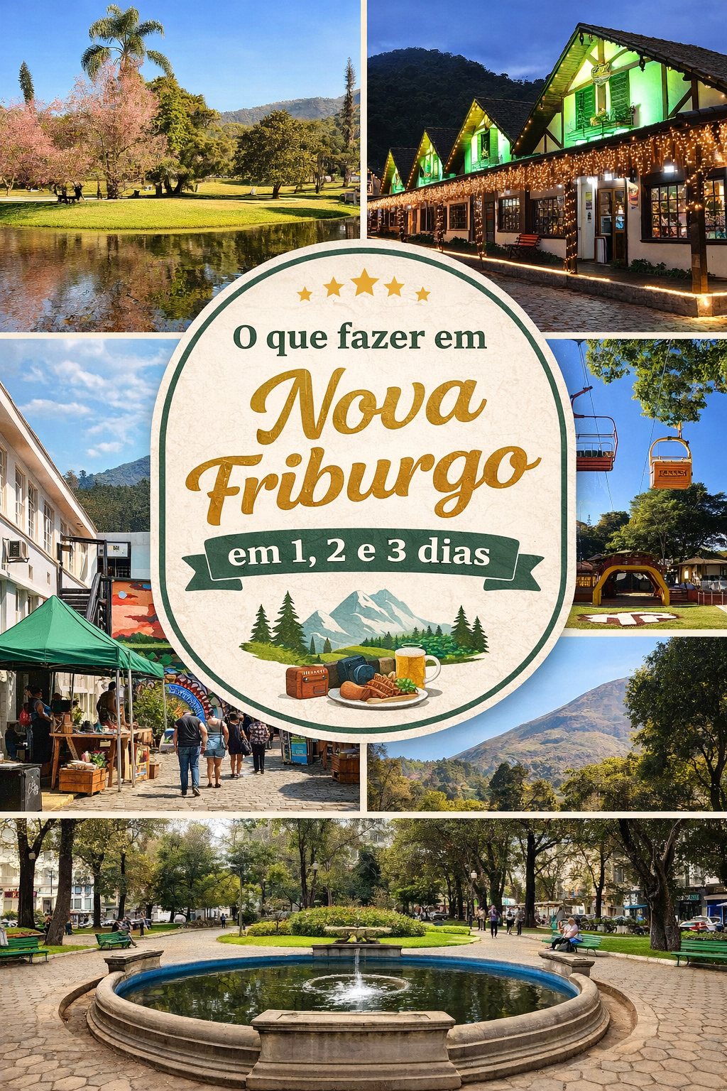 Collage of Nova Friburgo atrações com texto “O que fazer em Nova Friburgo em 1, 2 e 3 dias”