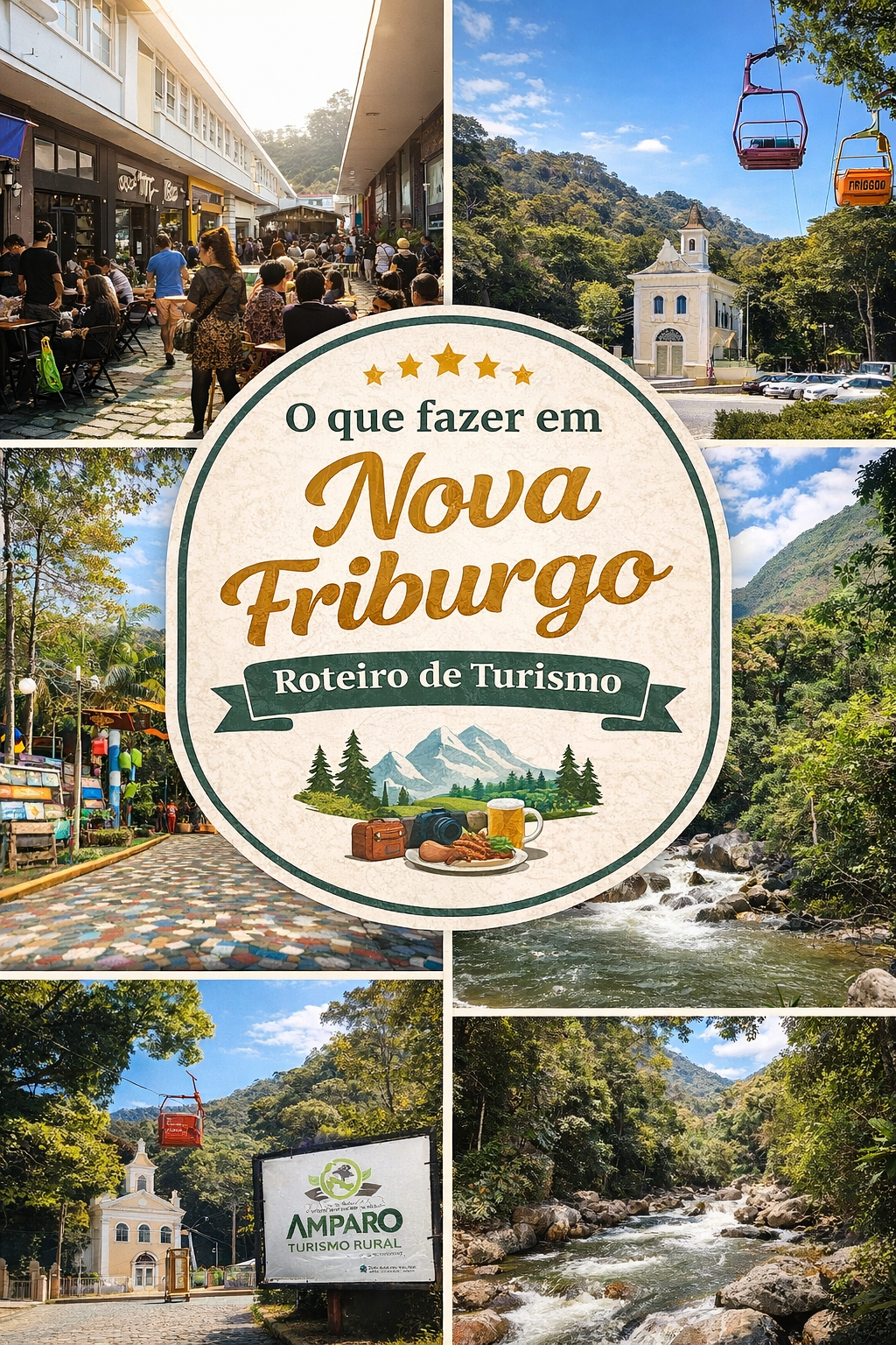 Collage turístico de Nova Friburgo com ruas, praça, cachoeira e texto “O que fazer em Nova Friburgo”