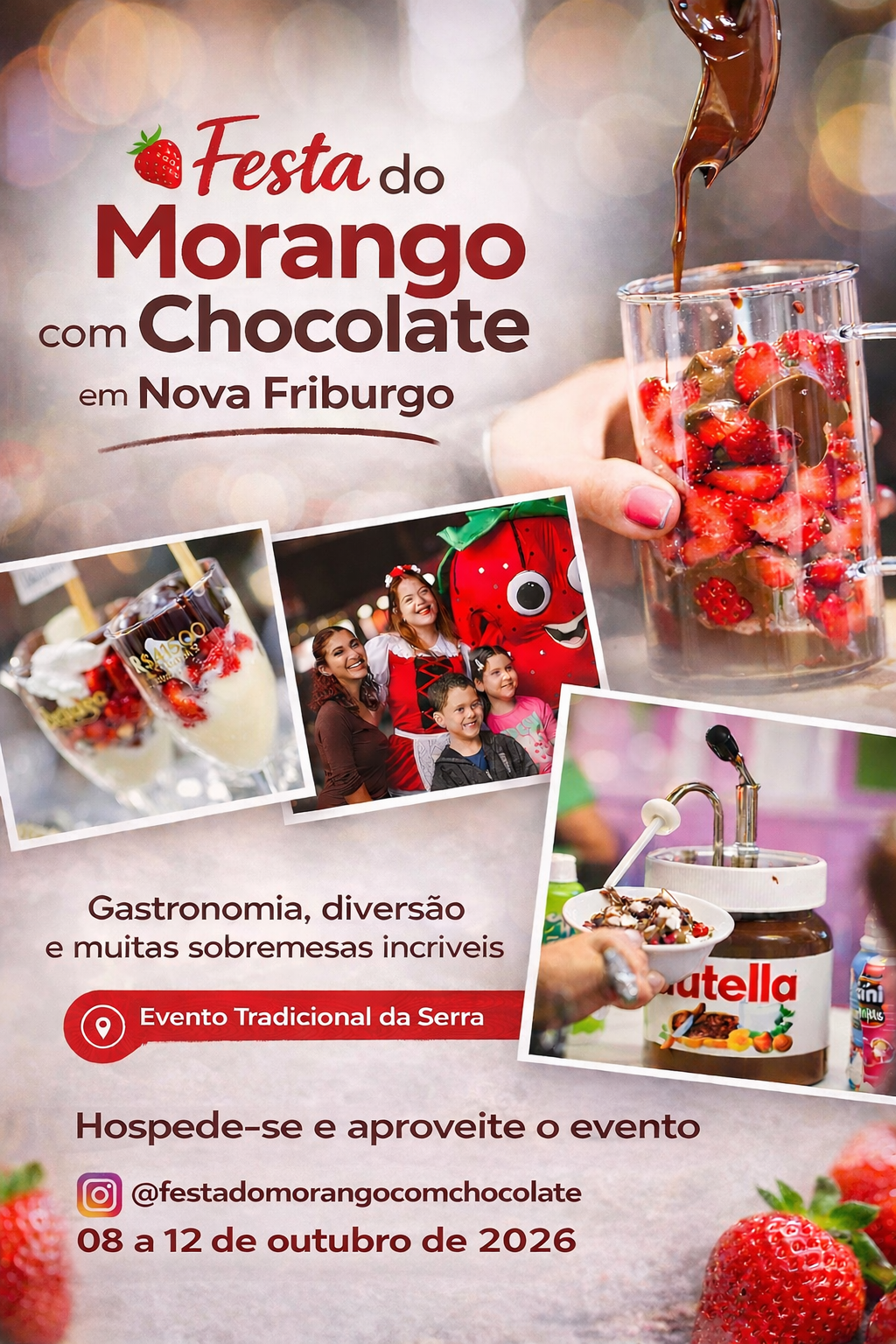 Cartaz da Festa do Morango com Chocolate em Nova Friburgo, com morangos, chocolates e sobremesas.
