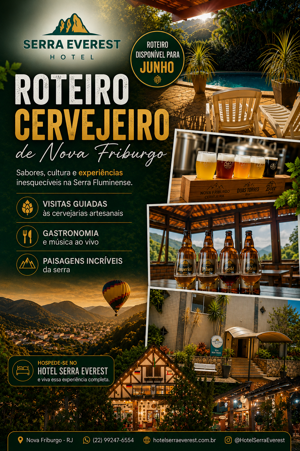 Poster de roteiro cervejeiro em Nova Friburgo, com fotos de cervejarias, chopes e paisagem de montanha.