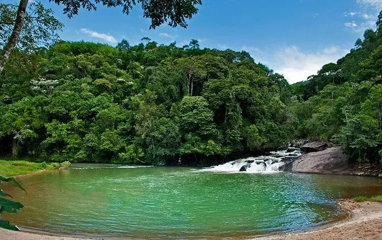 Lagoa tropical verdejante com água cristalina, margem rochosa e colinas exuberantes cobertas de floresta sob um céu azul.