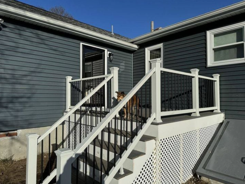 A dog standing on a deck next to a house