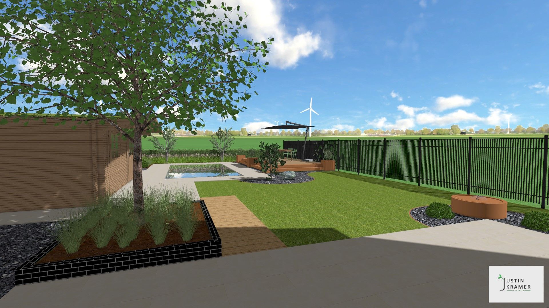 Moderne achtertuin met gazon, terras, boom, haag en zwembad onder een blauwe hemel.