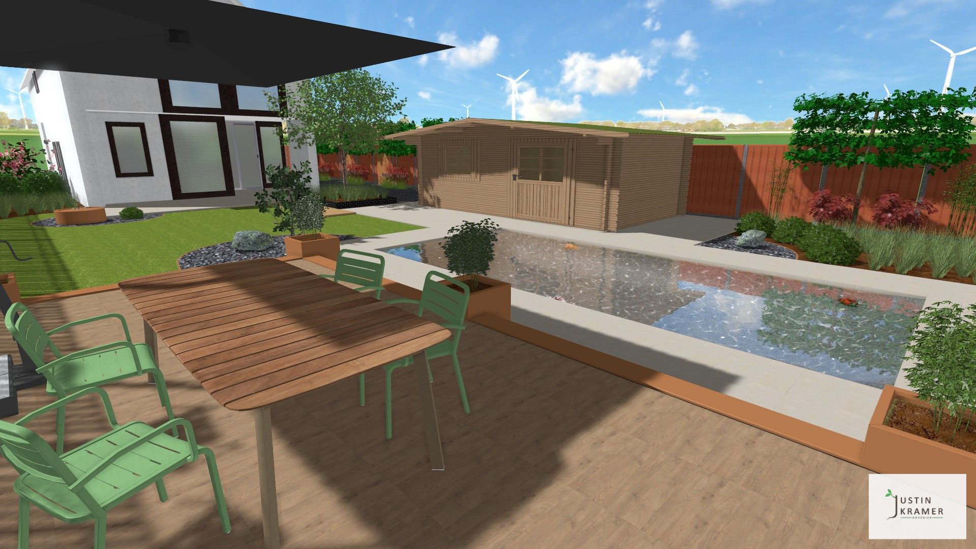 Moderne achtertuin met terras, houten tafel, stoelen, zwembad en een klein huisje onder een helderblauwe hemel.