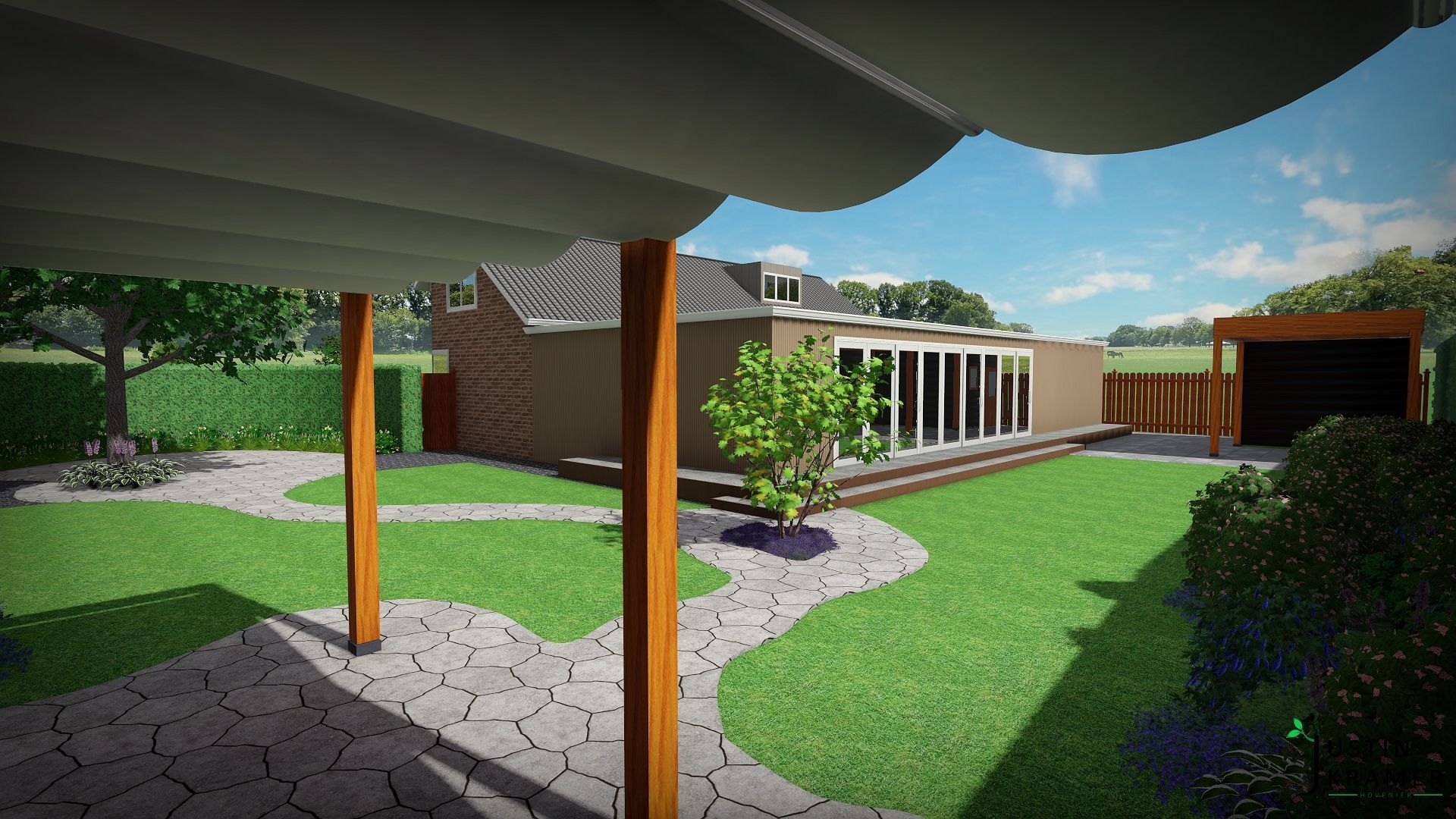 Overdekt terras met uitzicht op een aangelegde binnenplaats met groen gazon, stenen pad en moderne bakstenen gebouwen.