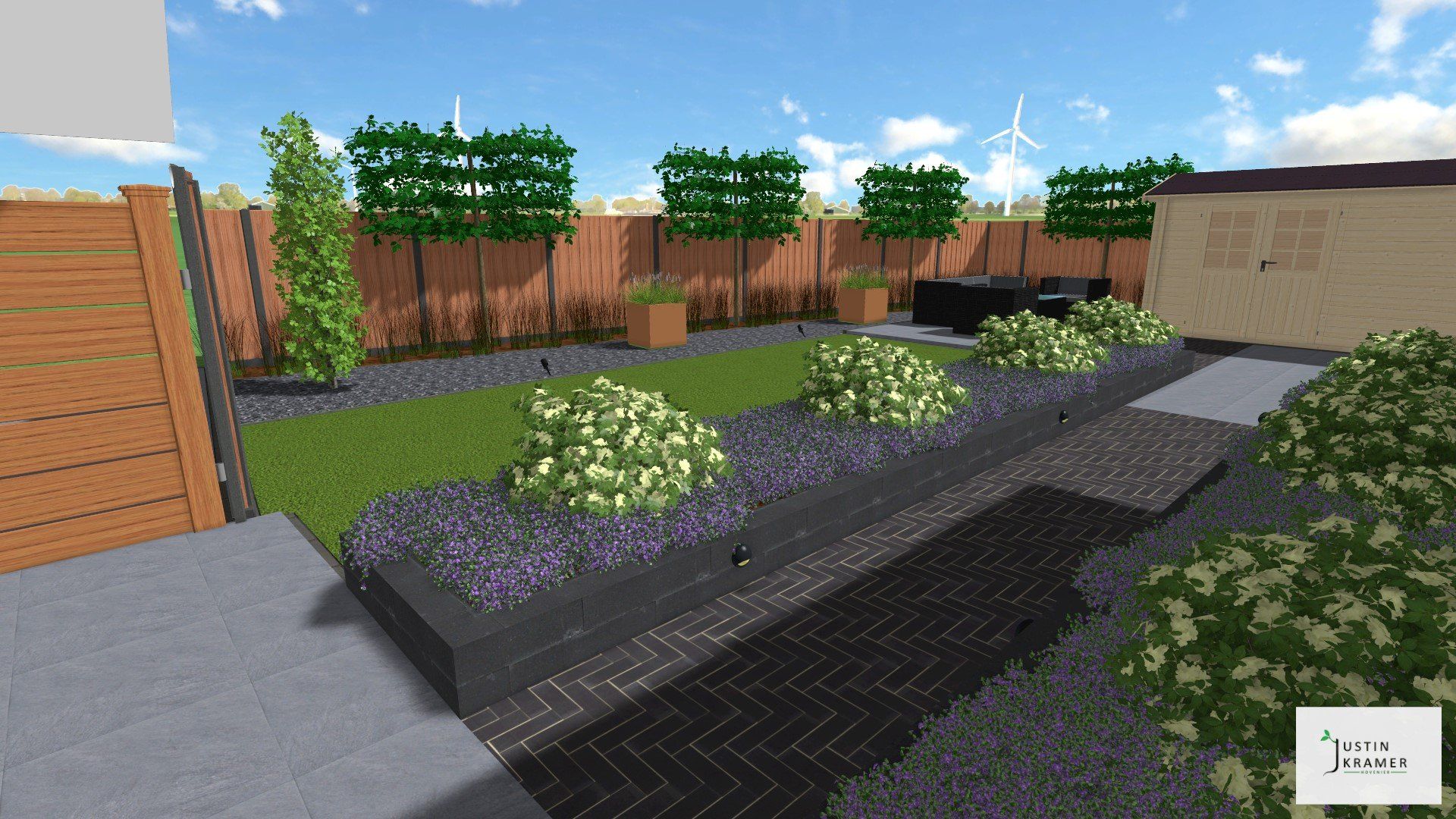 Een 3D-weergave van een aangelegde tuin met verhoogde plantenbakken, struiken, bakstenen muren en een geplaveid pad onder een blauwe hemel.