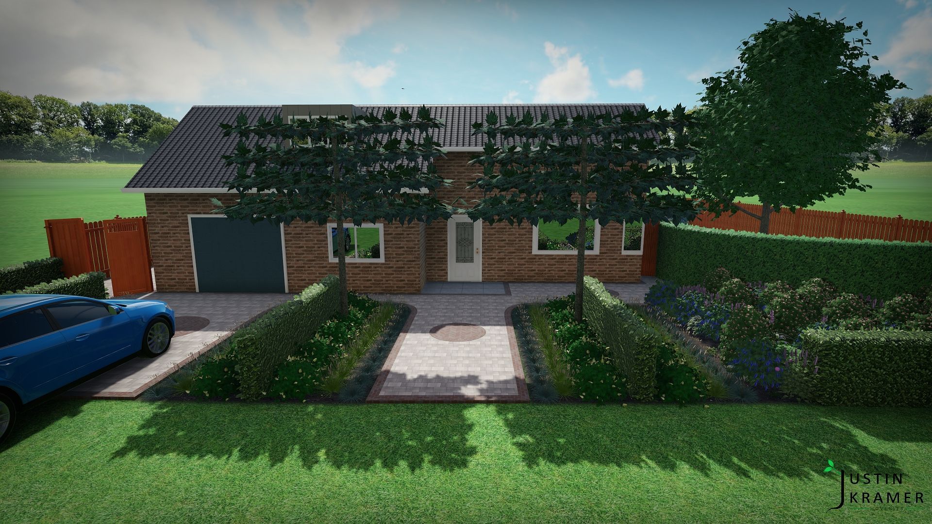 Moderne bakstenen woning met een met klimop begroeid dak, een voortuin, een oprit en een blauwe auto ernaast geparkeerd.