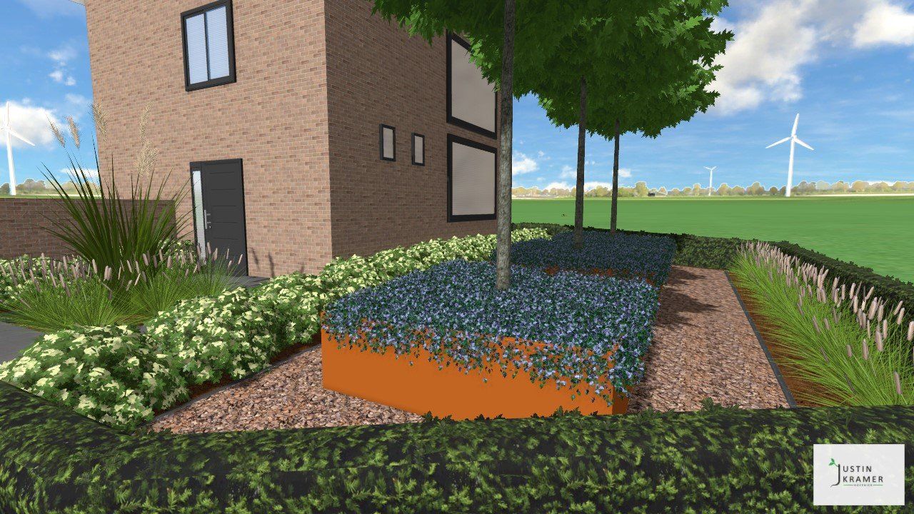 Moderne tuinperk met oranje rand, blauw grind, bloemen en bomen naast een gazon.