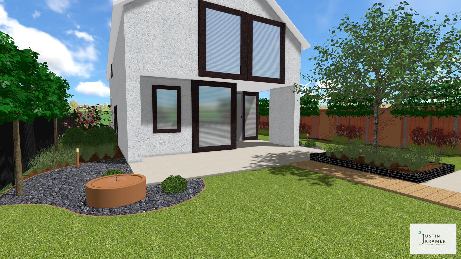 Moderne, twee verdiepingen tellende witte woning met zwart omlijste ramen, een terras aan de voorzijde, een gazon en een aangelegde tuin.