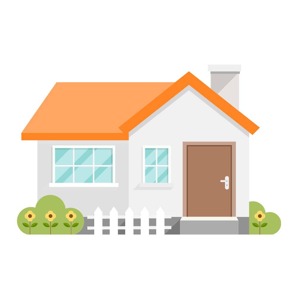 A white house with an orange roof and a white picket fence.