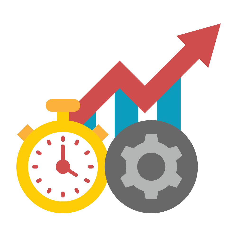 A stopwatch , gears and a graph with an arrow going up.