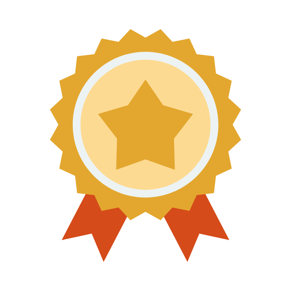 A gold medal with a star in the center and red ribbons around it.