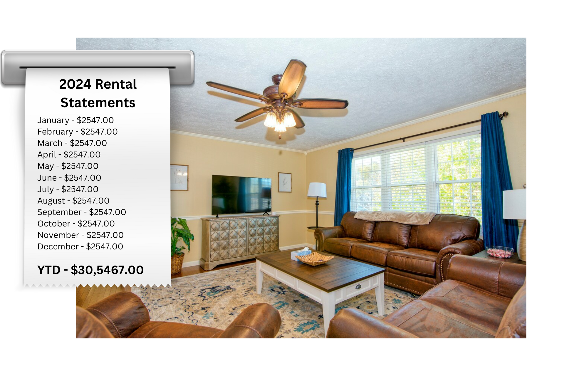 A living room with a ceiling fan and a receipt on the wall.