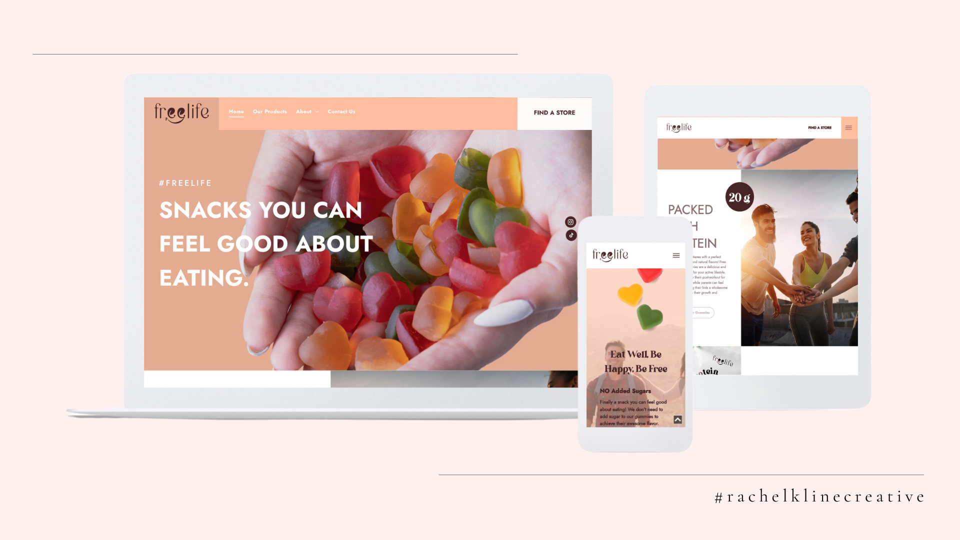 Mockup of beautiful website for FreeLife Protein Gummies showing gummies on a bright background