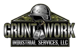 Grunt Work Industrial Services logo with helmet, saw blade, and bold black-and-gold text