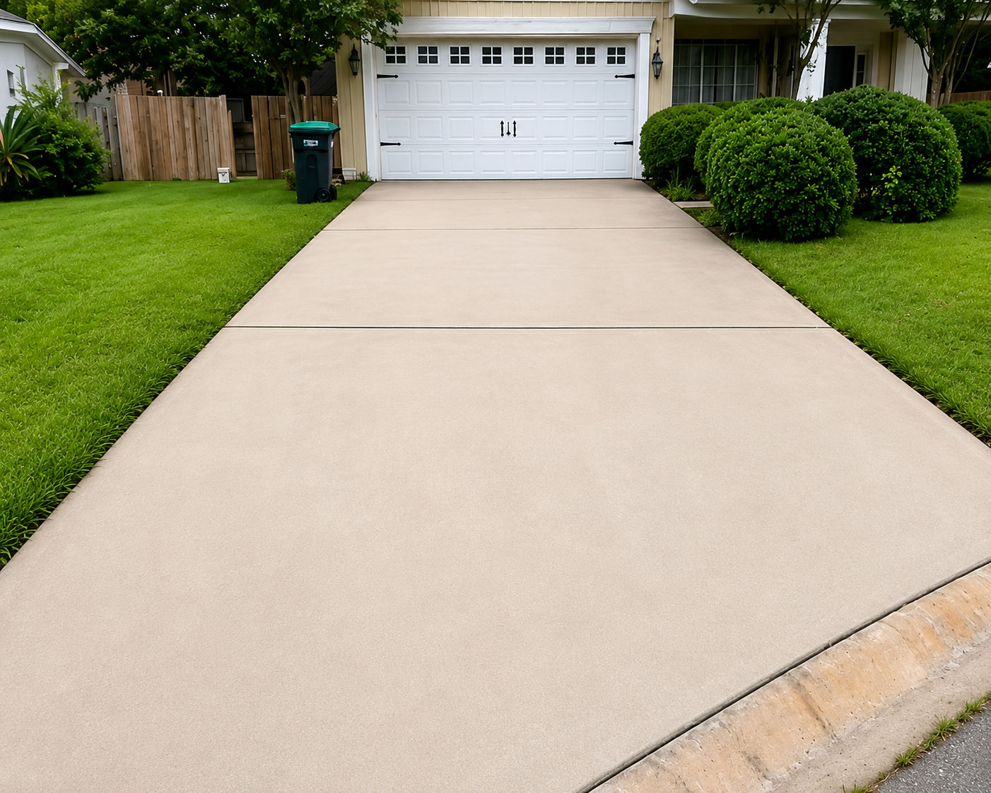 Freshly paved light concrete driveway leading to a white garage, bordered by green lawns and shrubs.