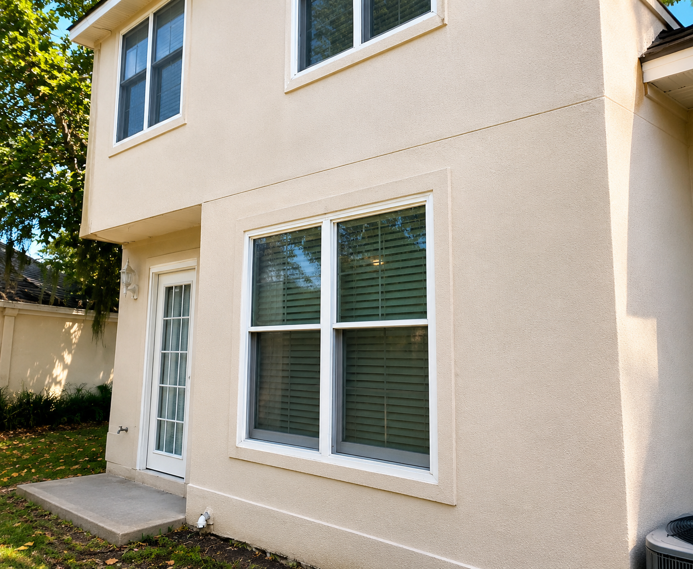 Exterior of beige apartment building with white-trimmed windows and a glass-paneled door next to a small concrete patio