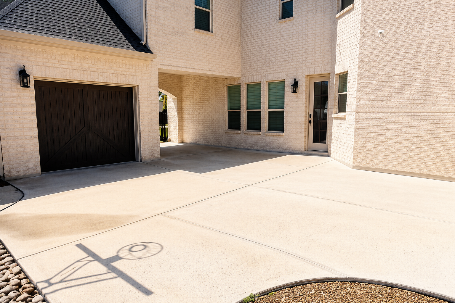 Courtyard driveway beside a house with a garage, beige stucco walls, and concrete pavement.