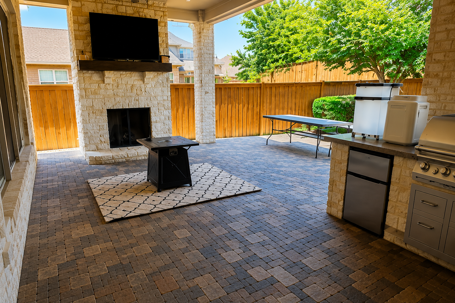 Covered patio with outdoor fireplace, grill, and tiled floor, opening to a fenced backyard