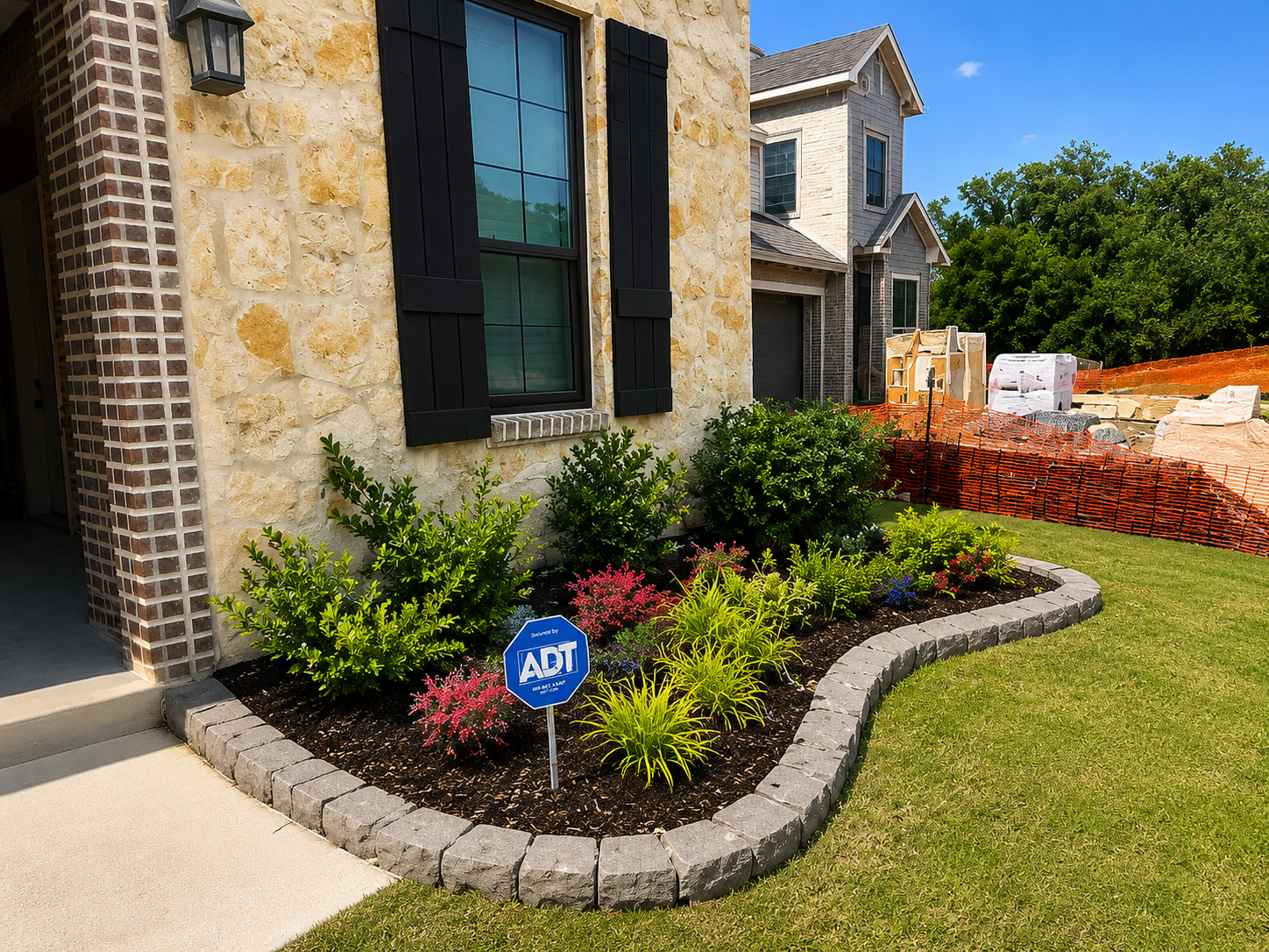 Stone house front yard with newly planted landscaping, stone edging, and an ADT security sign