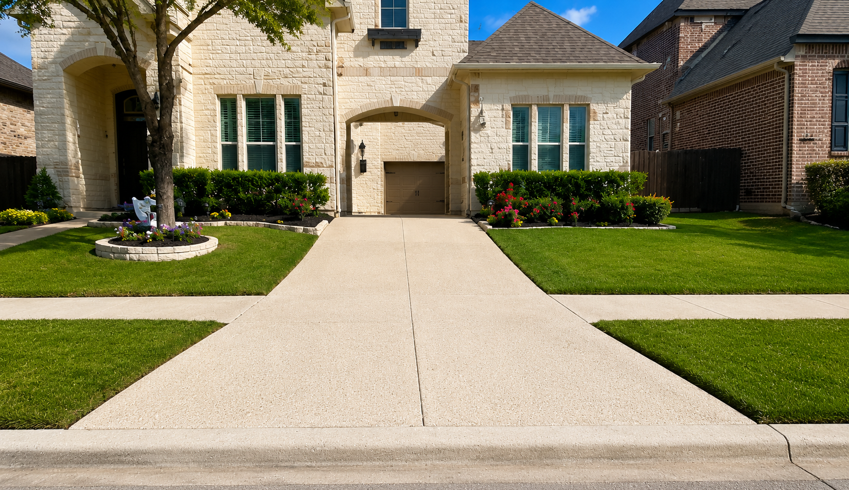 Stone house with white garage, wide driveway, and manicured green lawn under a blue sky