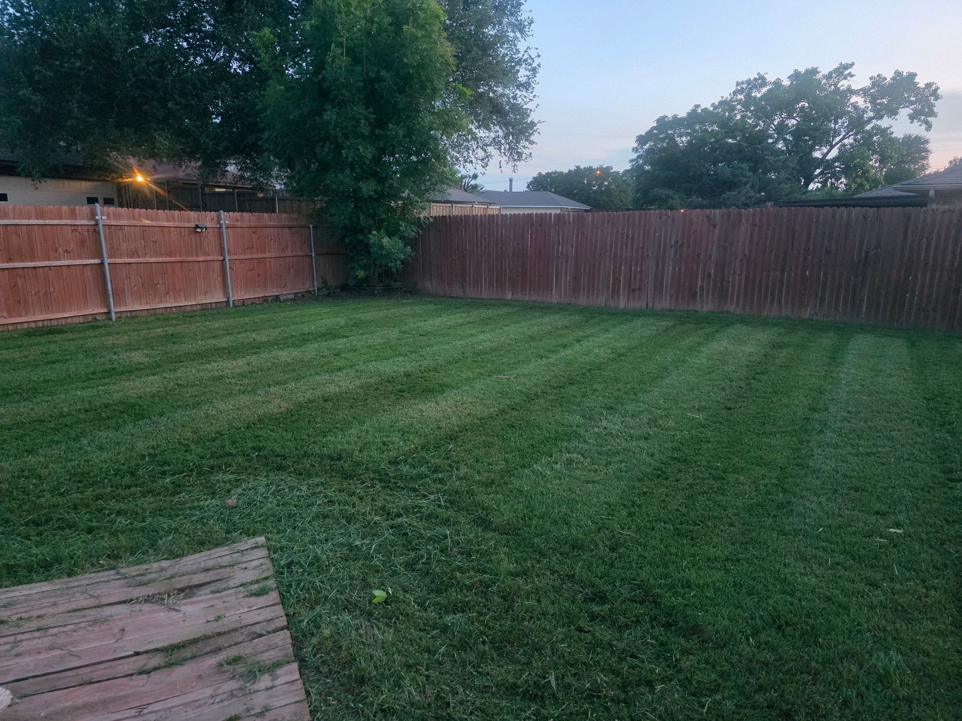 Backyard lawn with fresh mowing stripes, wooden fences, and a small deck in the corner at dusk
