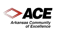 The ace arkansas community of excellence logo is black and red on a white background.