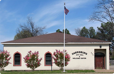 A white building with the word harrisburg on it